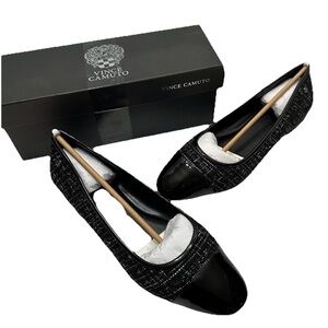 Vince Camuto Black Plaid Tweed Flat Shoe Women’s Sz 12 Quiet Luxury Business